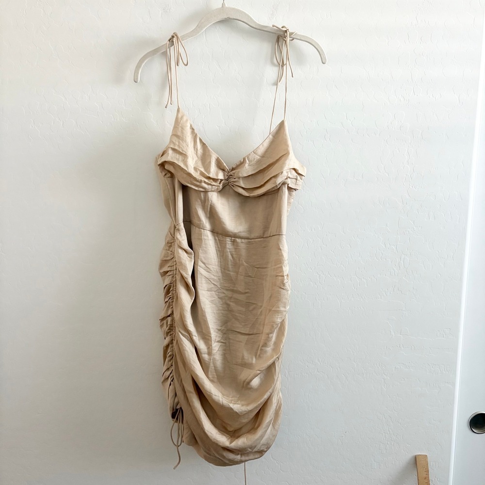 Sabo Skirt Champagne Satin Ruched Mini Dress Large Gold Sleeveless Bodycon Zip